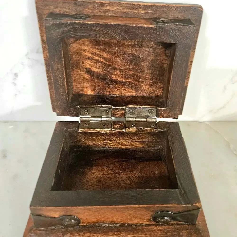 Handcrafted Rustic Wooden Trinket Box with Decorative Metal Accents